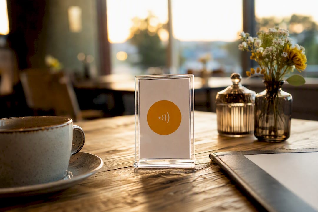 NFC-Tag auf Restauranttisch neben Kaffeetasse