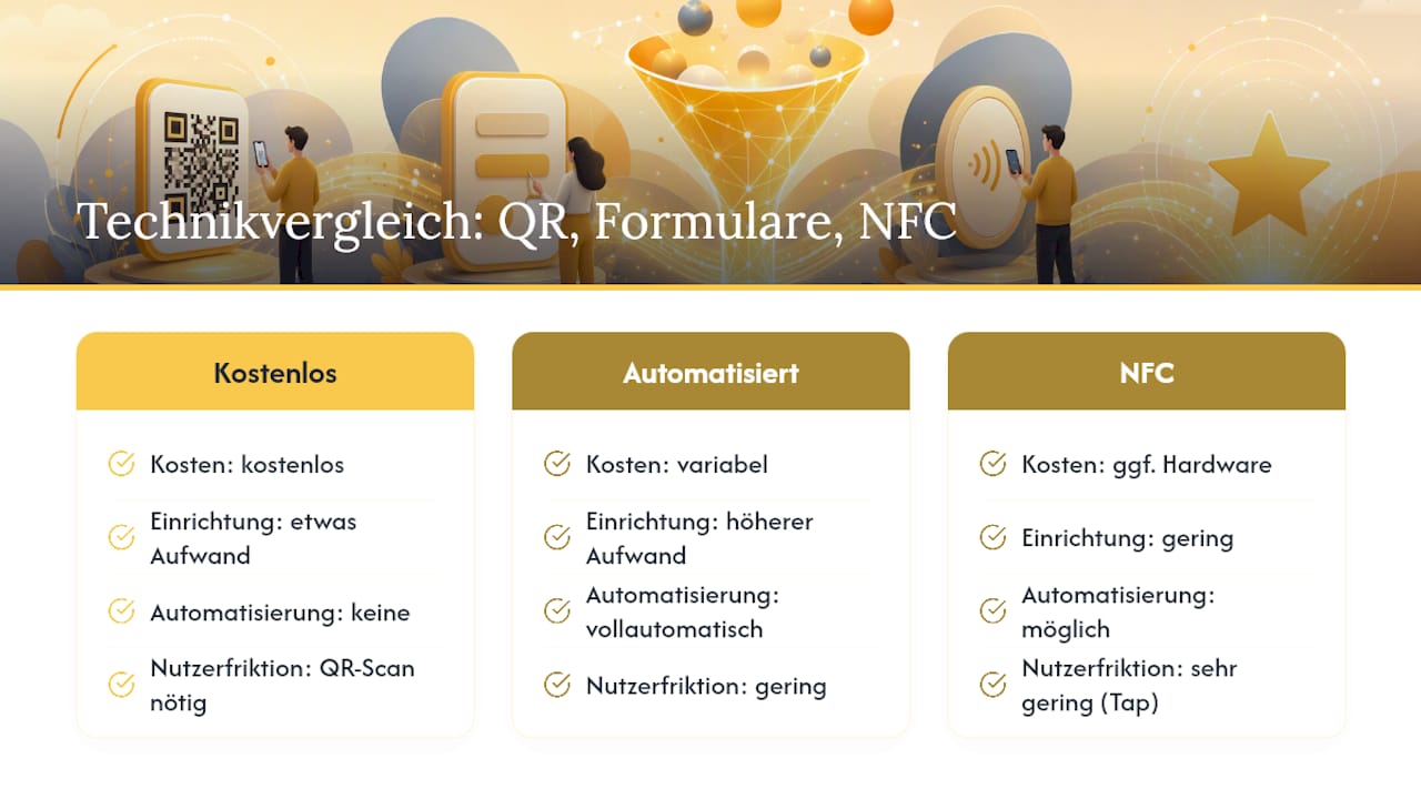Vergleichsdiagramm der Bewertungsmethoden: QR-Code, Formular und NFC