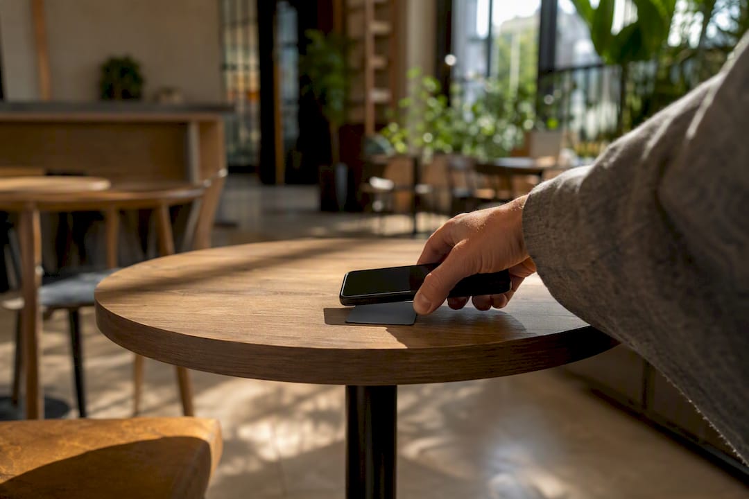 Smartphone tippt NFC-Karte am Verkaufsort an
