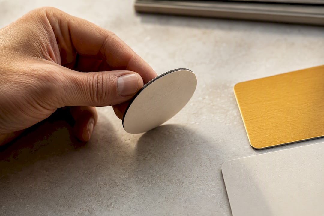 Hand tastet die Oberfläche eines NFC-Musterstücks ab