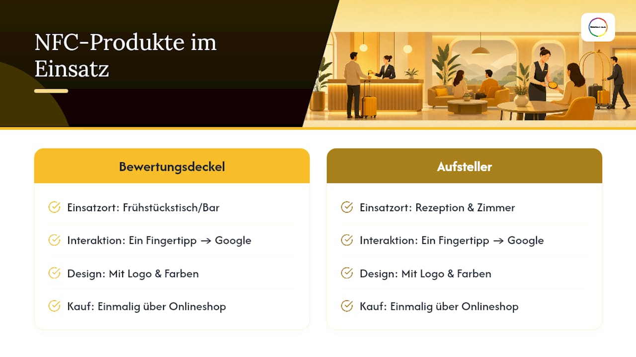 NFC-Aufsteller und Bewertungsdeckel: So vereinfacht Einfachbewertet den Ablauf — overview diagram
