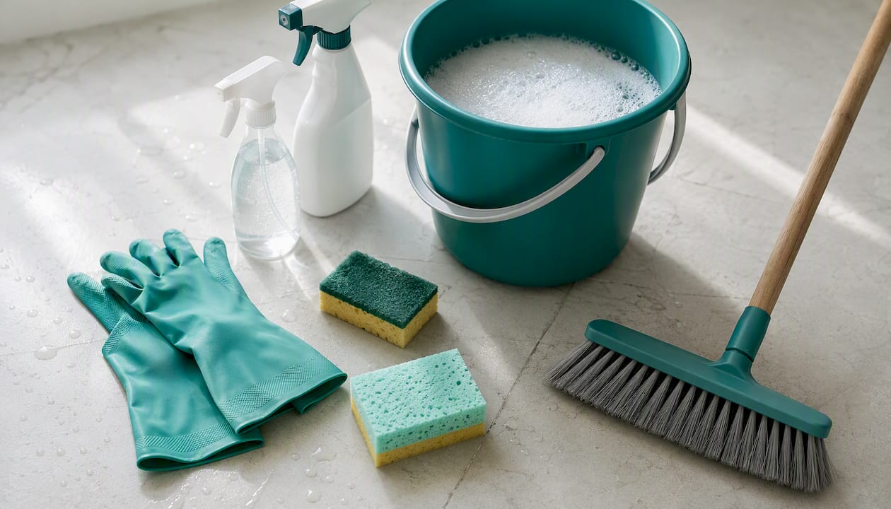 Cleaning tools and supplies neatly prepared for a rental turnover