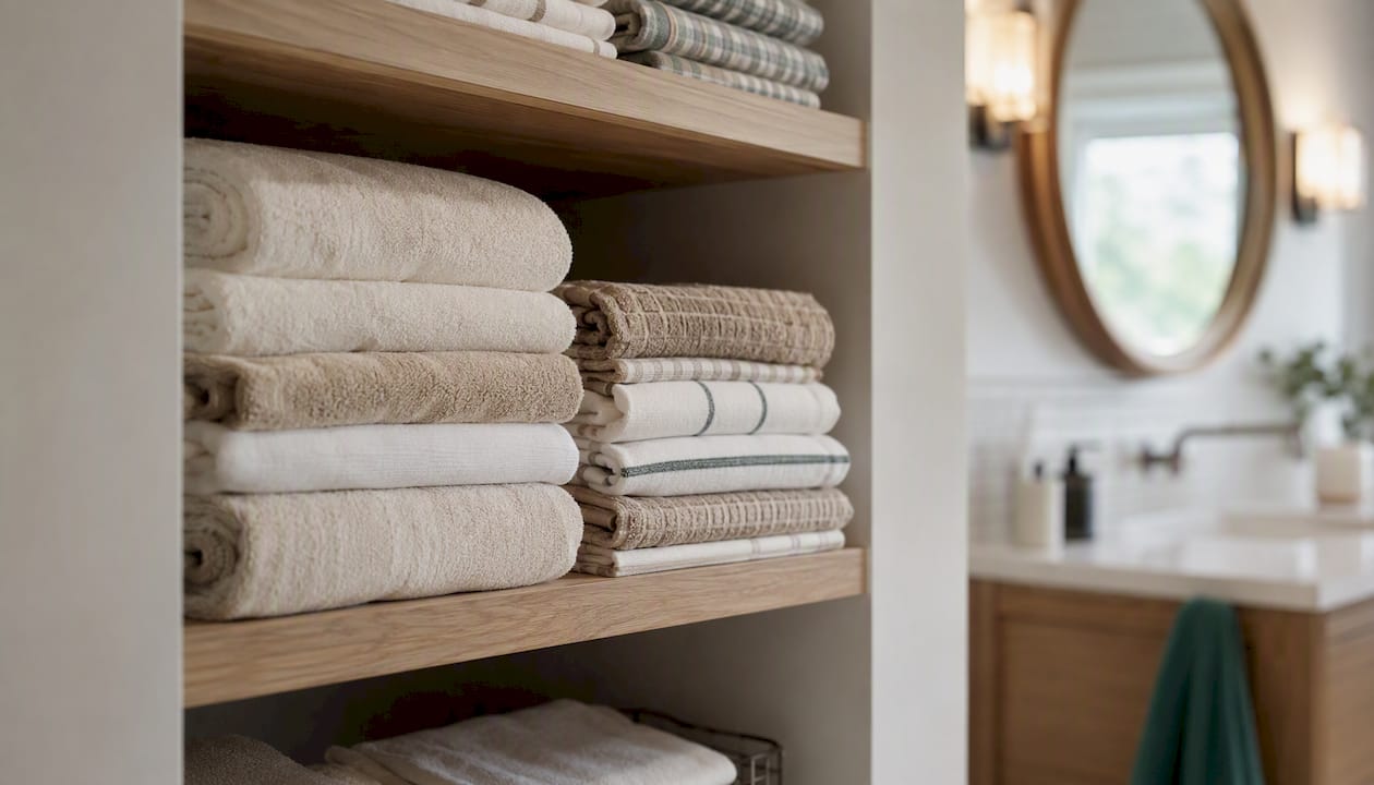 Neatly stacked towels and kitchen cloths set out in the rental