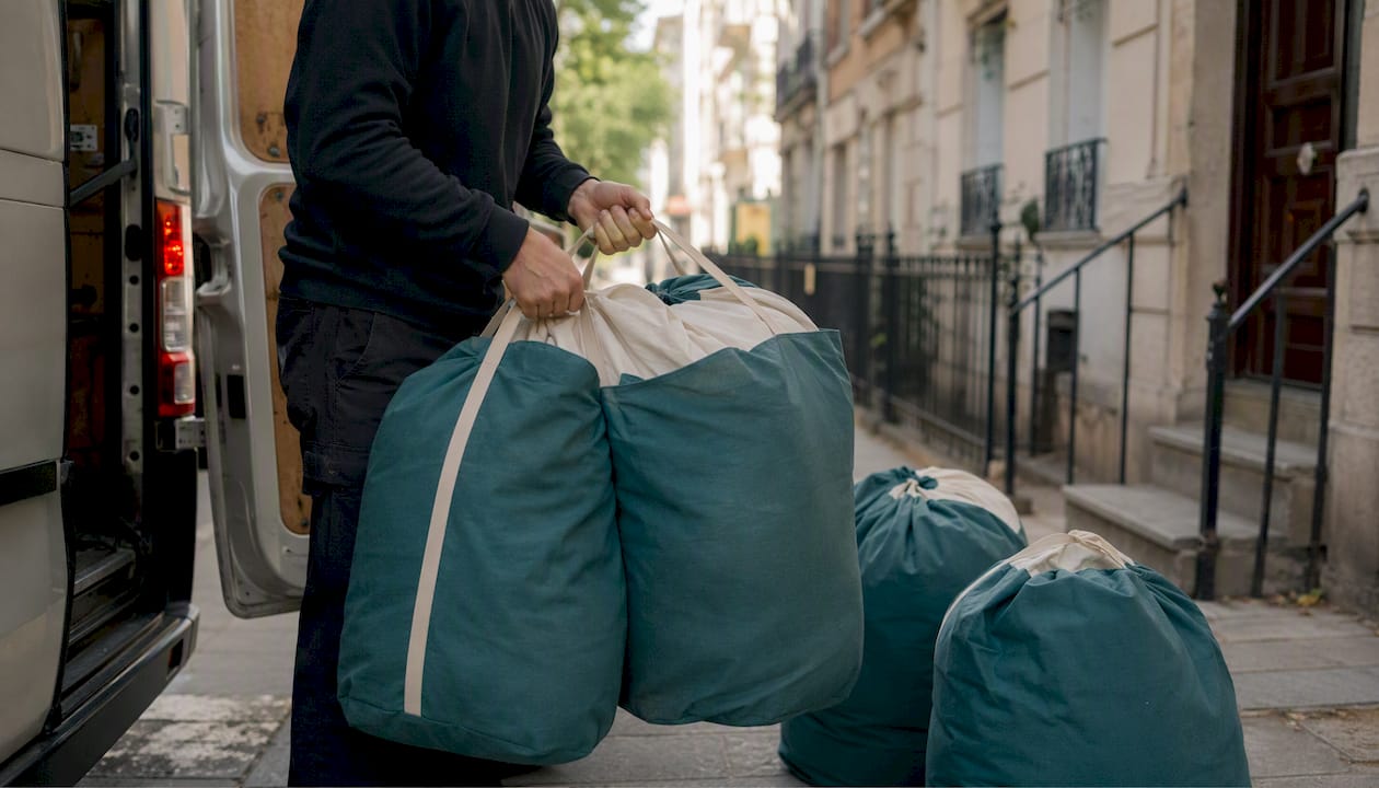 Linen bags loaded into a van to be sent out to a laundry service.