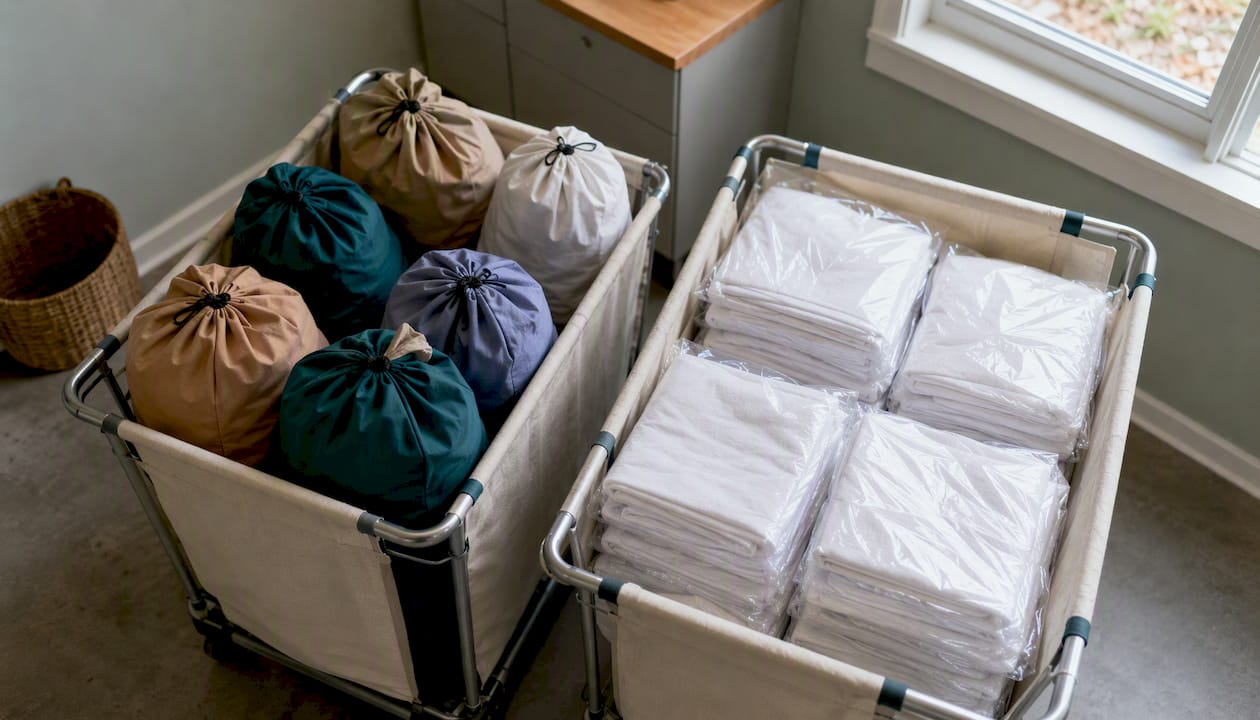Des chariots distincts sont prévus pour le linge propre et le linge sale.