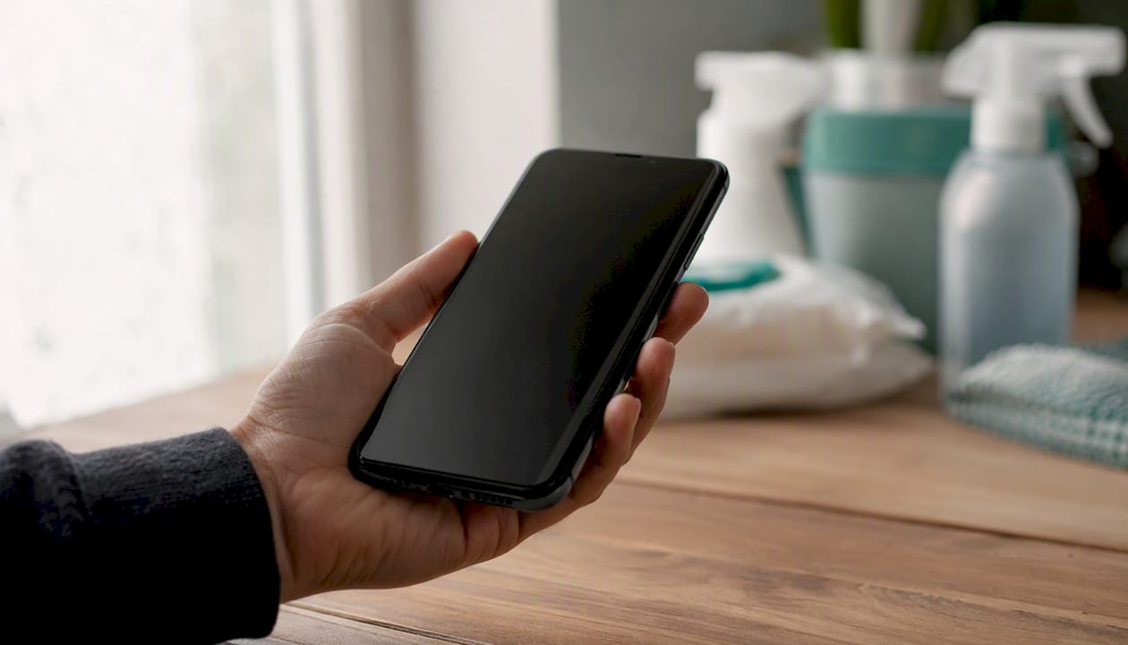 A person using a smartphone next to consumable supplies for stock management.
