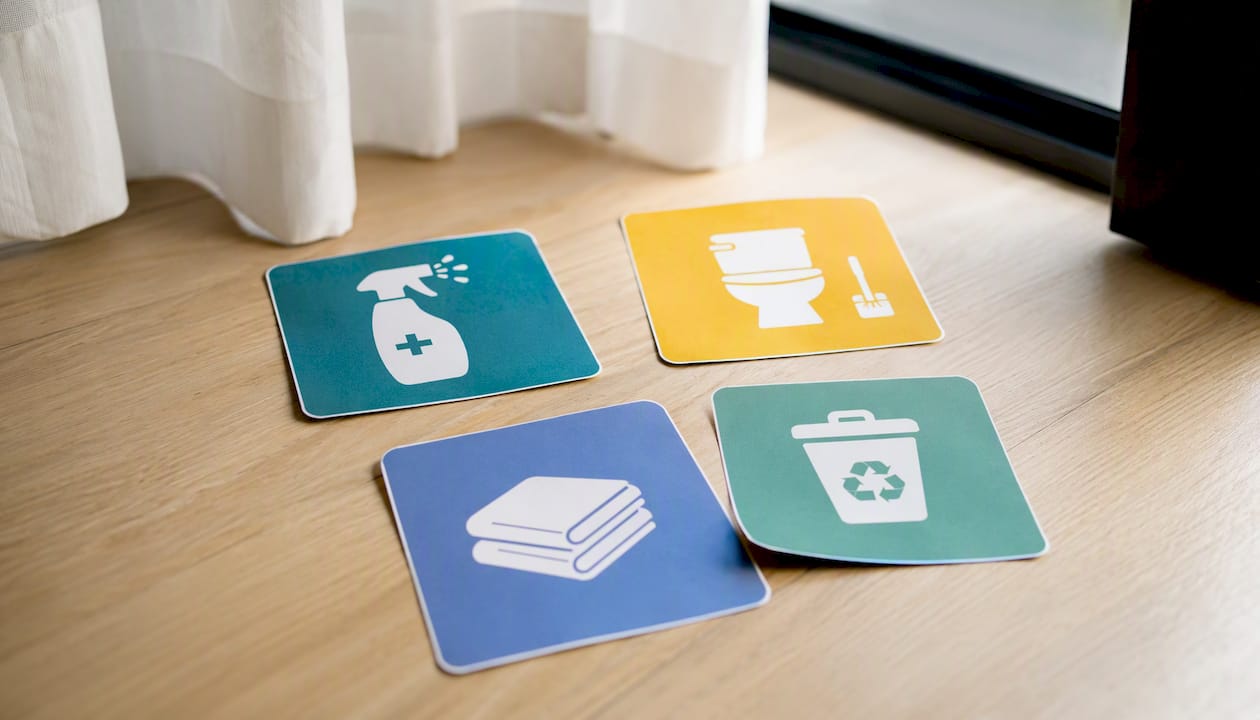 Cleaning pictogram stickers with colour codes