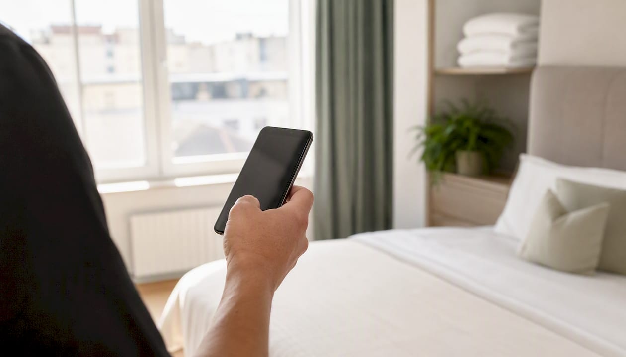 Cleaner taking a timestamped photo in the rental room.