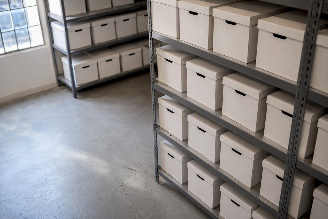 Neatly stacked archive boxes in a storage room