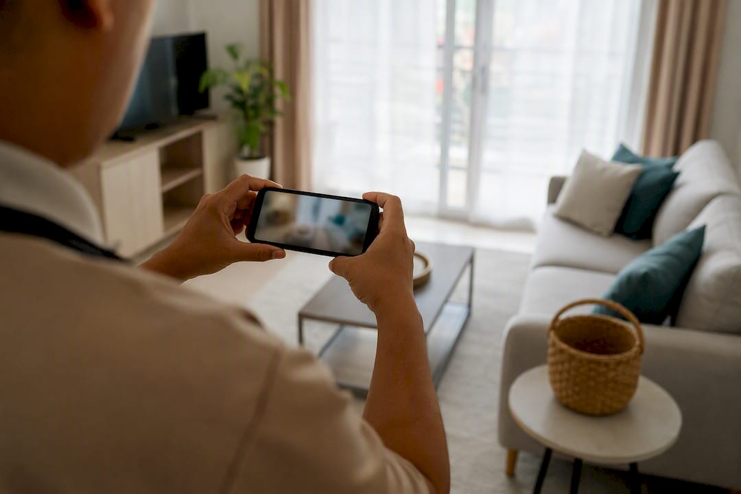Femme de ménage prenant en photo une chambre à louer