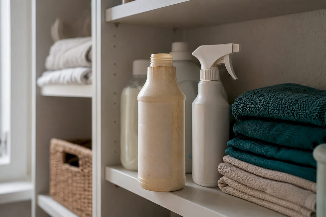 Étagère avec produits de nettoyage entamés et linge