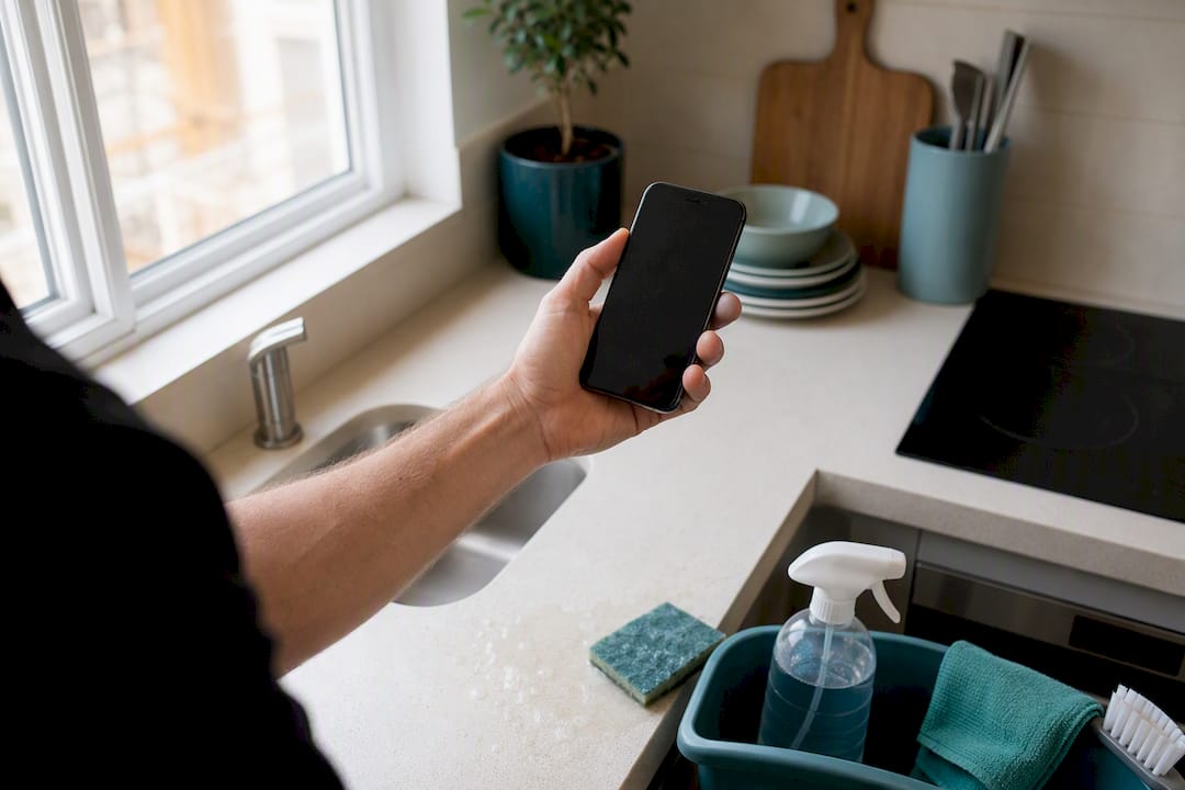 Personne tenant un smartphone pour inspection photo