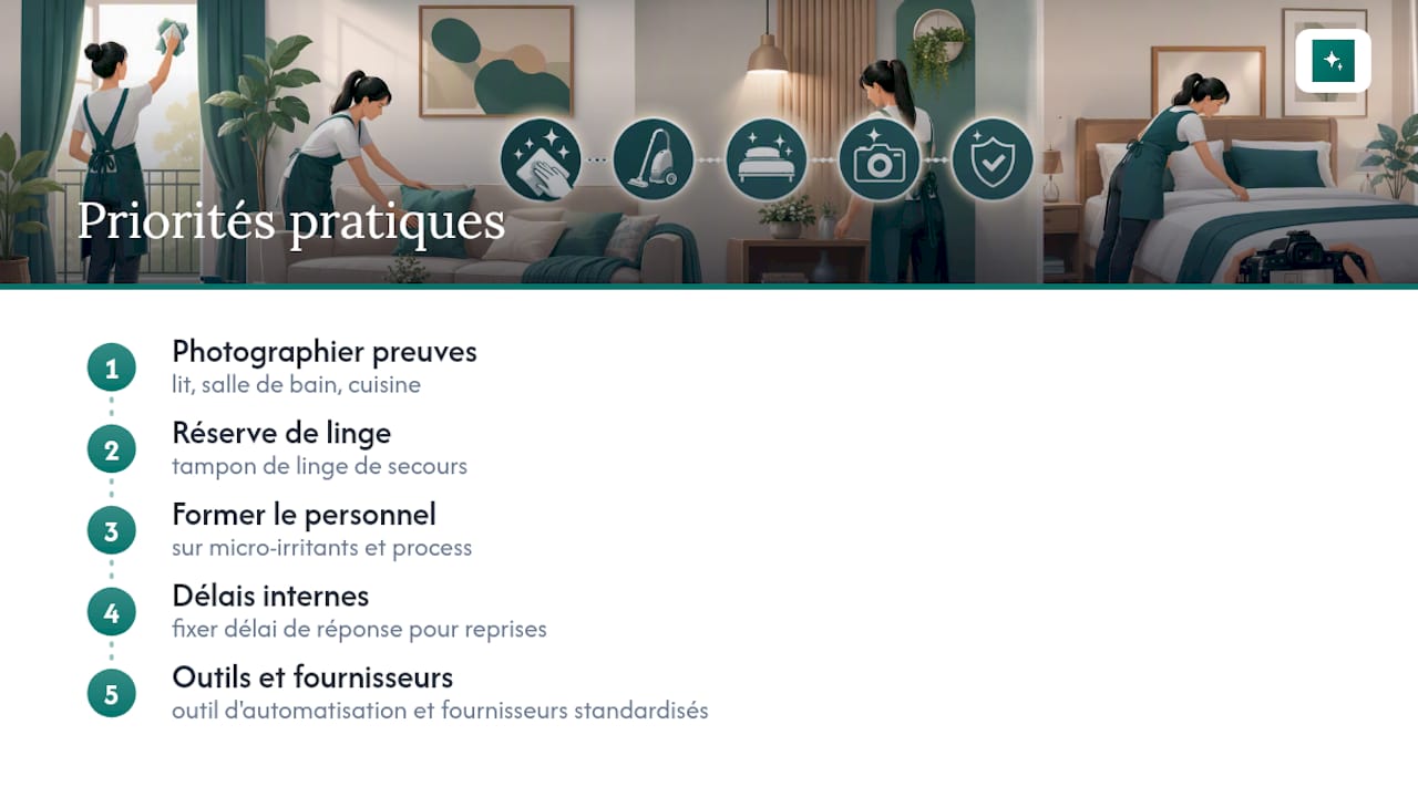 Liste de contrôle et procédure pour le nettoyage de fin de séjour avec preuve photo