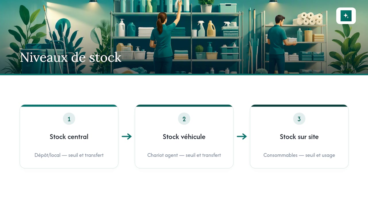 Trois niveaux de stocks de produits d'entretien