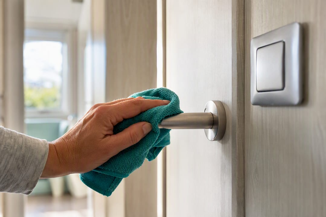 Désinfection d'une poignée de porte de mobil-home
