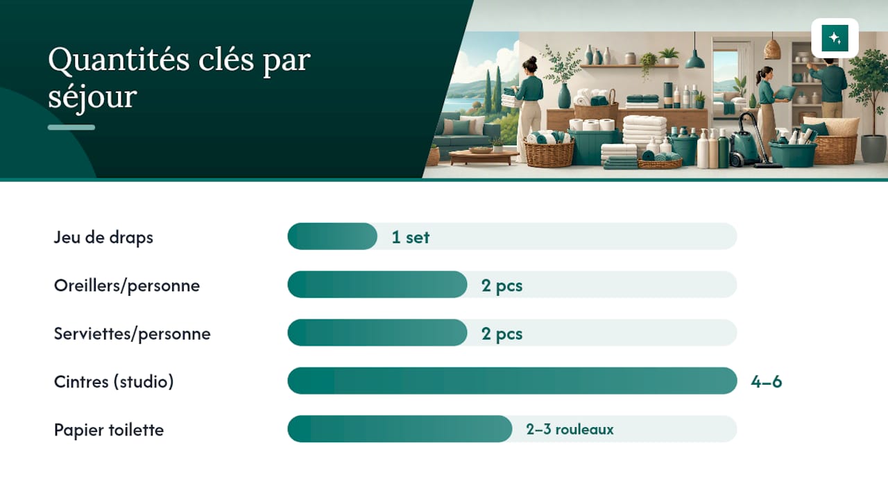 Guest supply checklist room by room: bedroom, bathroom, kitchen, living area · overview diagram
