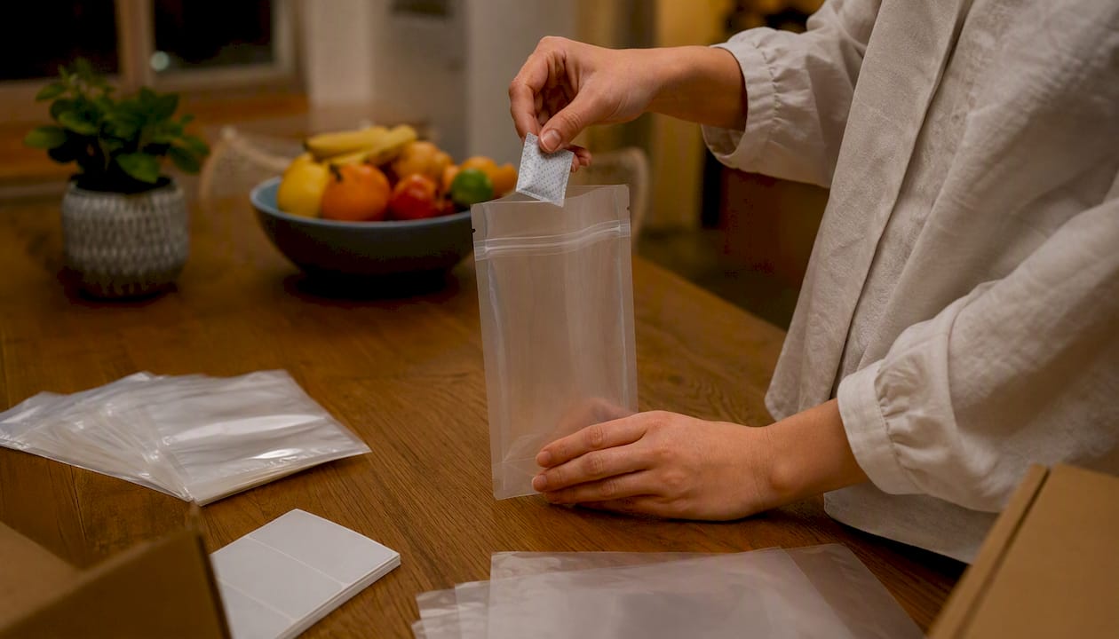 Hand inserting freshness packet into portion pack