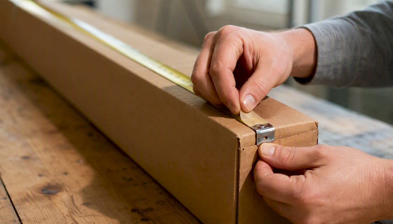 Hands placing sticker tab for measuring long box