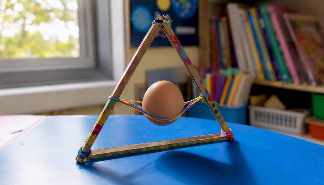 Egg suspended in rubber band grid cradle