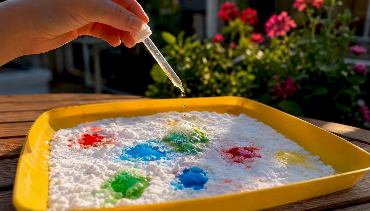Colored vinegar drops fizzing on baking soda in tray