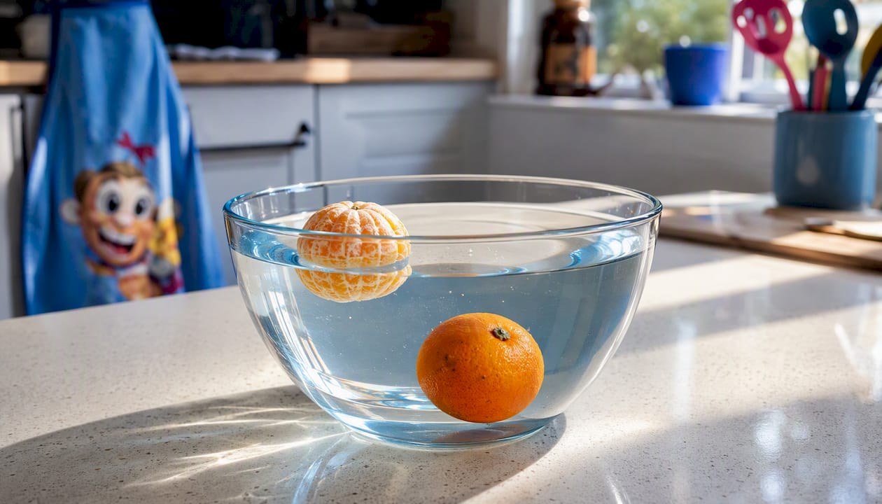 Peeled orange sinks, unpeeled orange floats in water