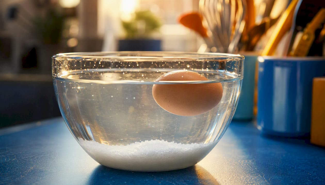 Egg floating in saltwater bowl on kitchen counter