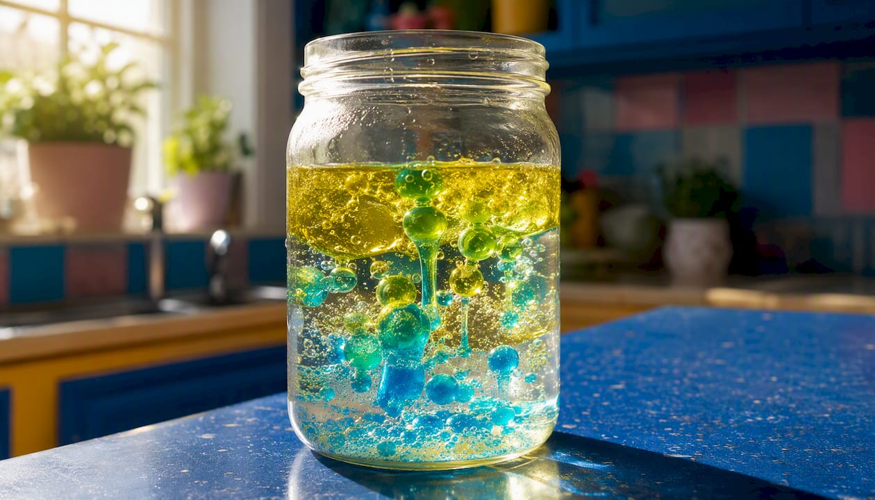 Colored water droplets carried by CO2 bubbles in oil