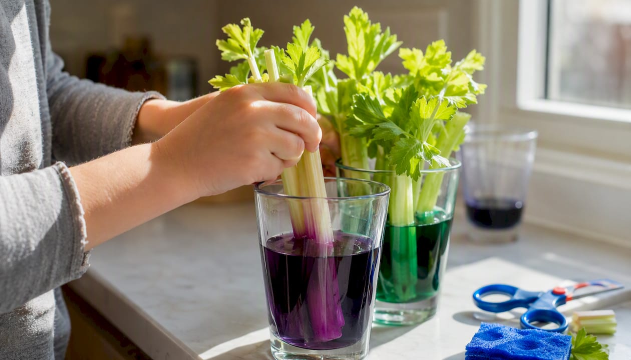 Celery stalks showing colored water absorption