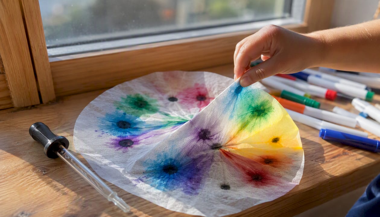 Coffee filter chromatography showing ink color separation