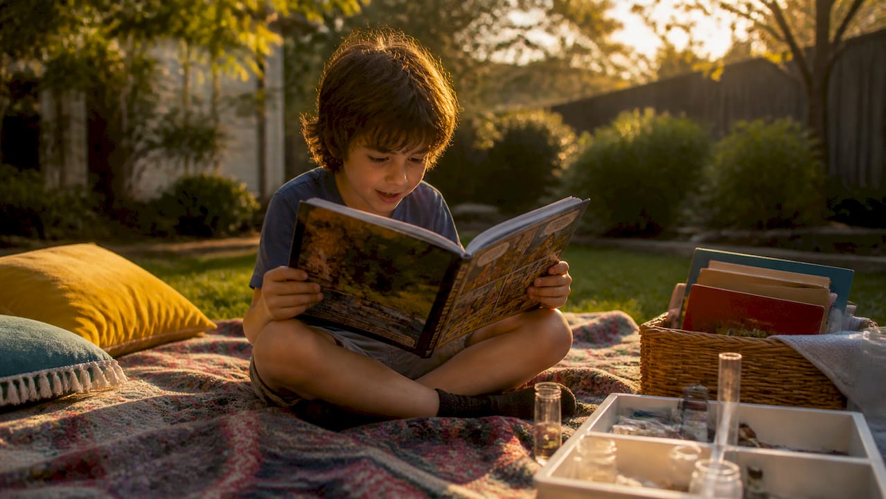 Child absorbed in graphic novel at reading nook