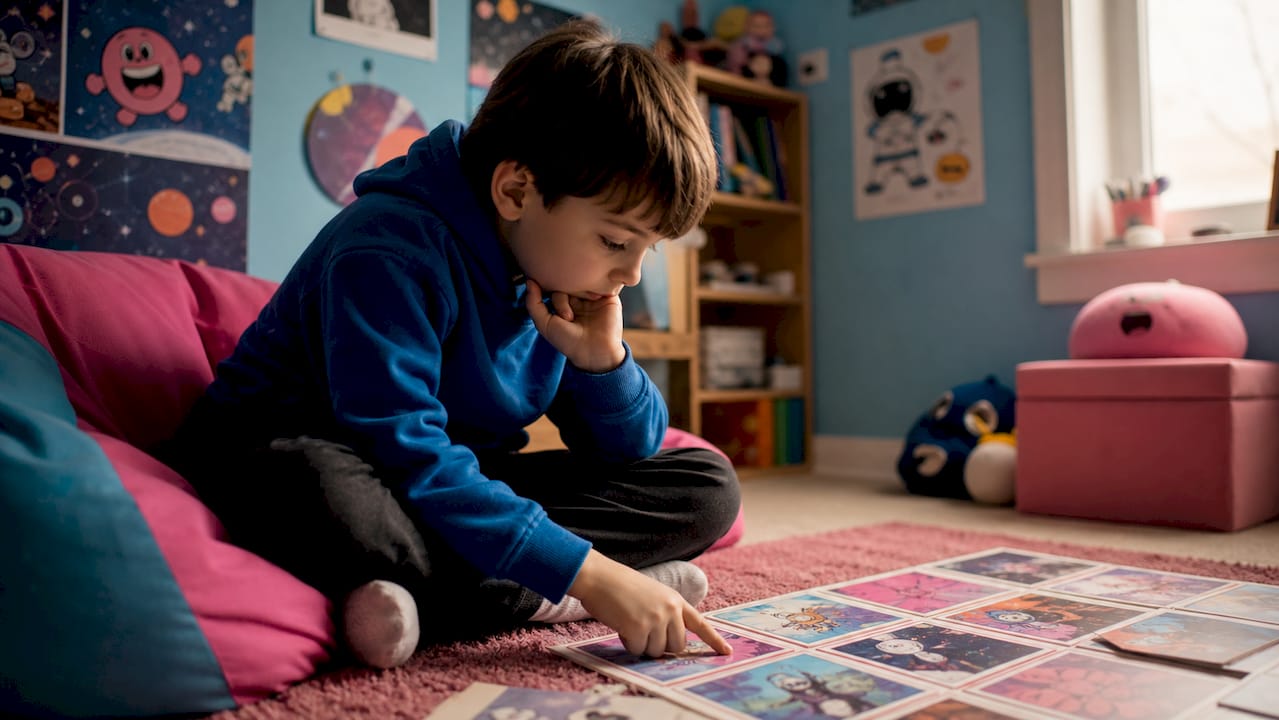 Child critically analyzing comic book panels