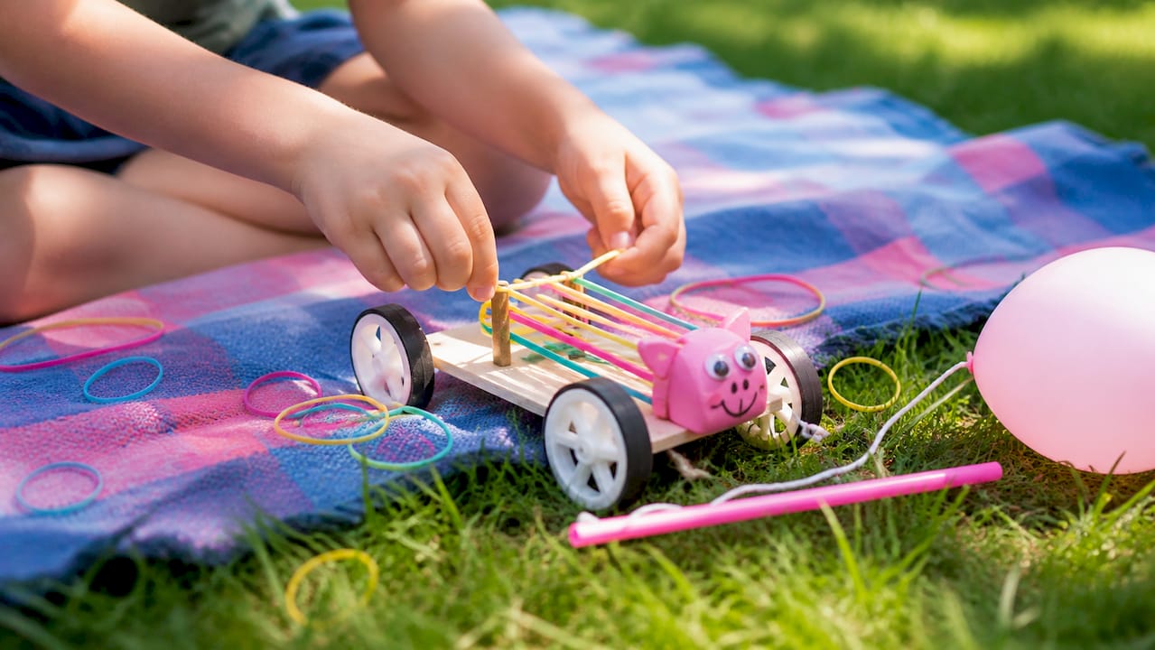 Hands winding rubber bands on toy car