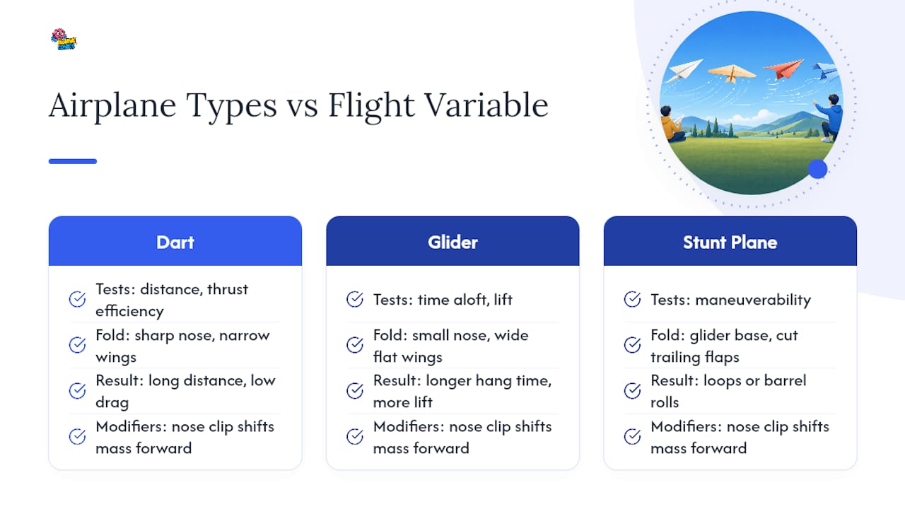 Comparison diagram of three paper airplane types and flight characteristics