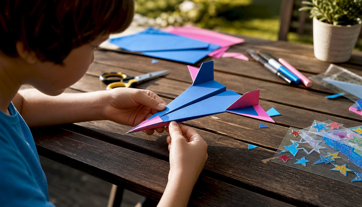Hands cutting and folding stunt plane wing flaps