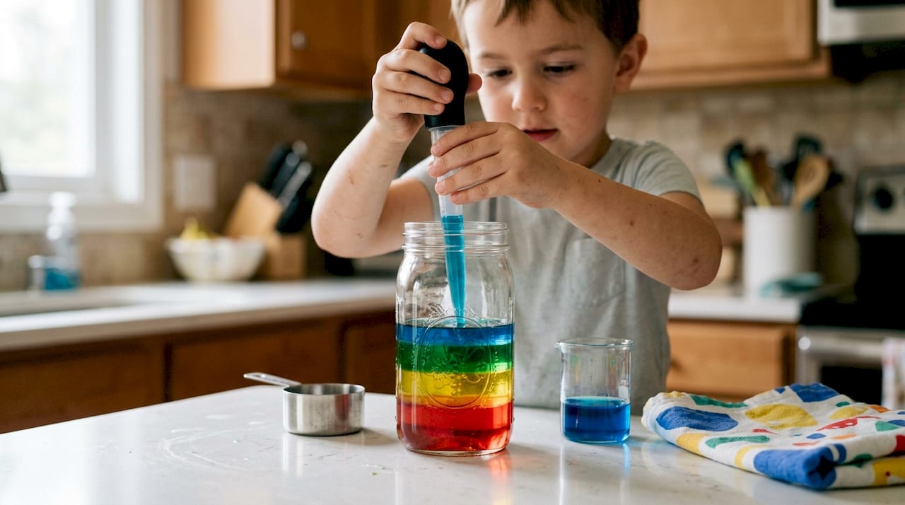 Child using turkey baster to layer liquids slowly