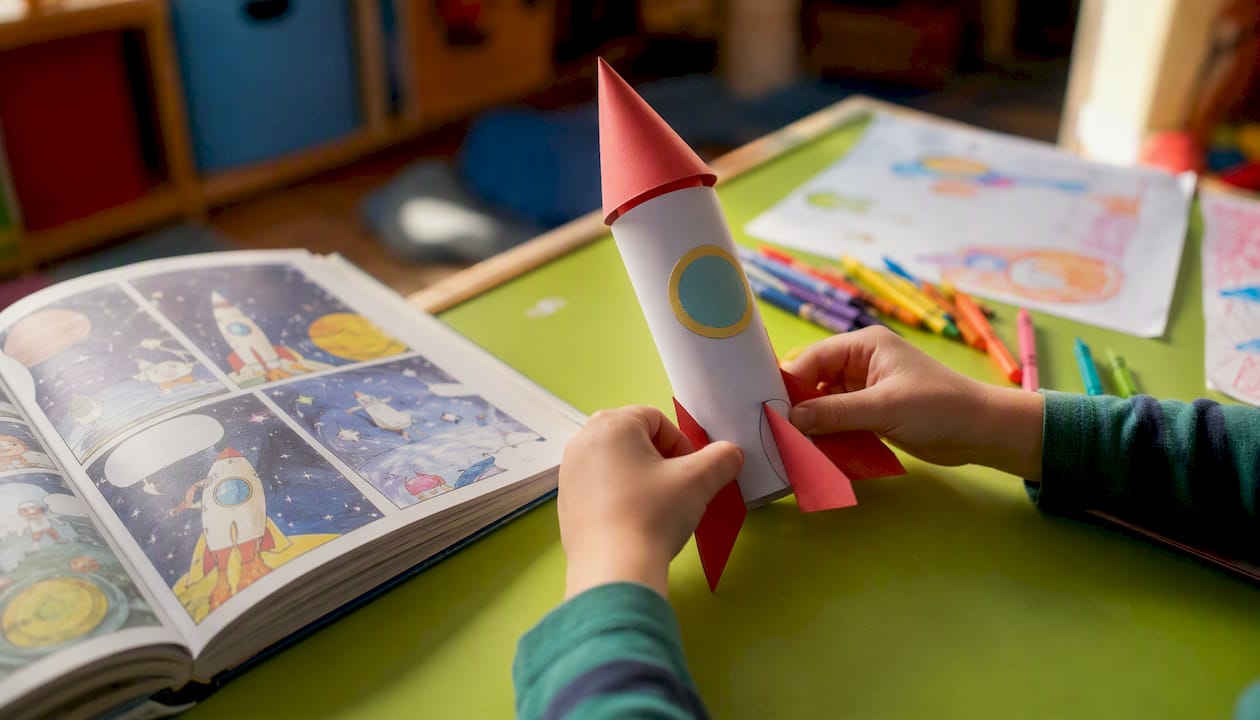 Child hands folding paper rocket near comic book