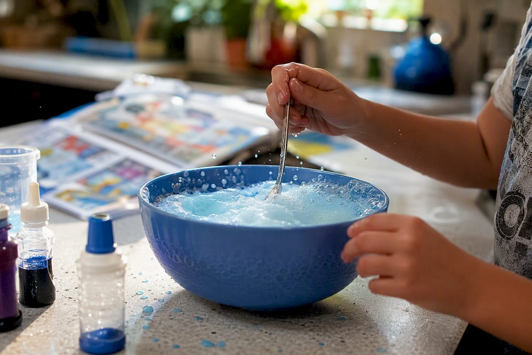Child hands stirring fizzing chemistry experiment