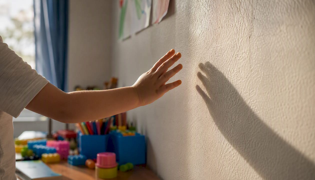 Child hand shadow edges changing on wall