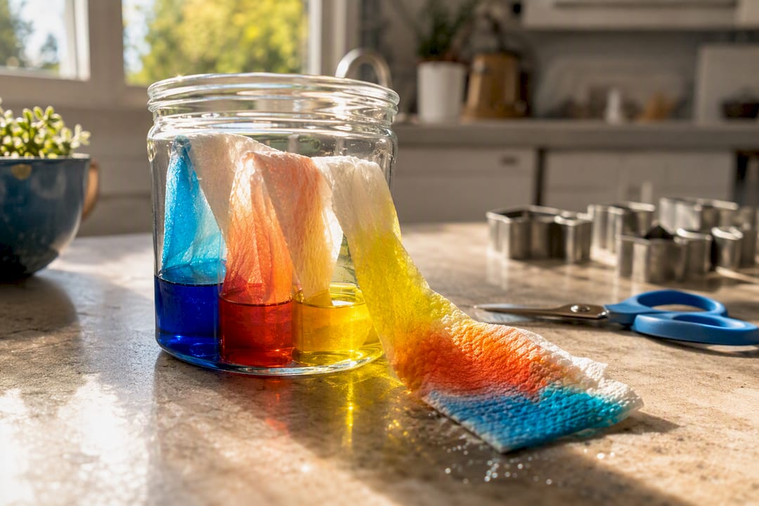 Colored water moving through paper towel between cups