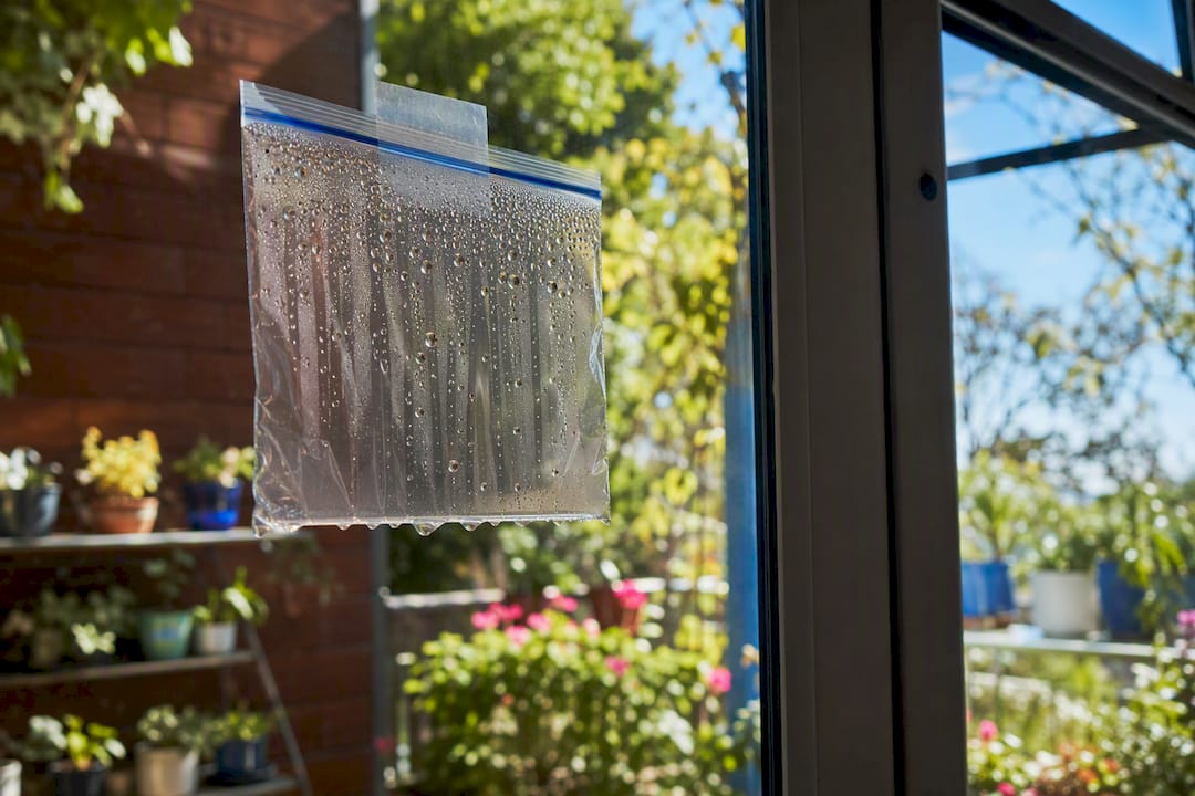 Condensed water droplets inside plastic bag on window