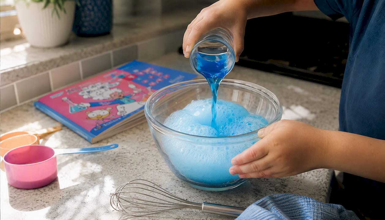 Child pouring liquid in kitchen chemistry experiment