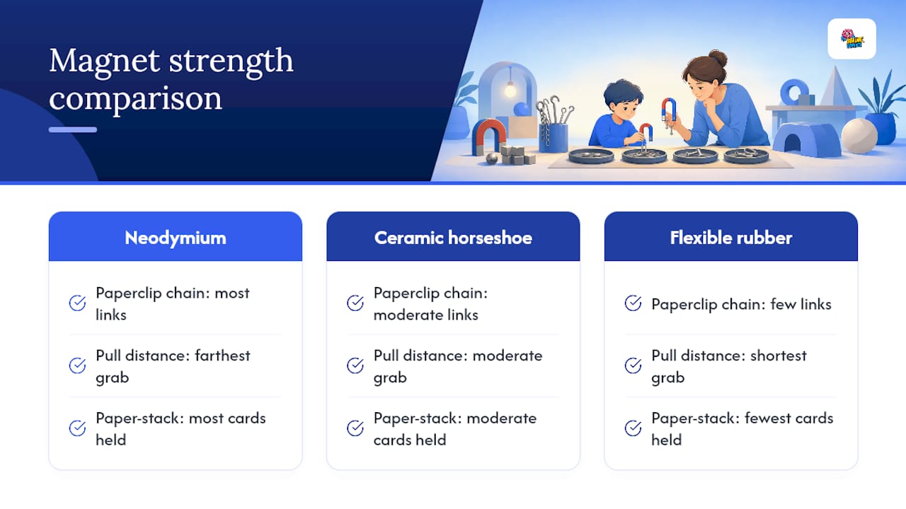 Diagram comparing magnet strength by paperclip, distance, and card tests