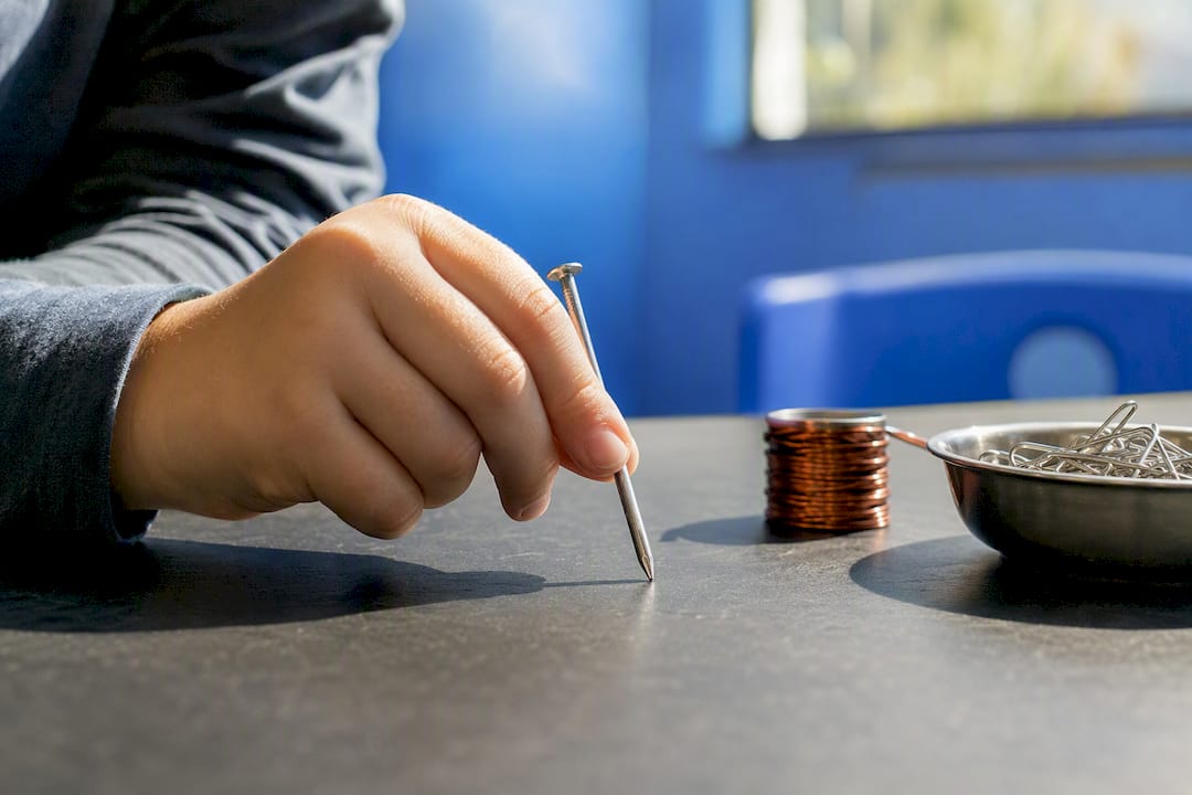 Child tapping nail to remove magnetism