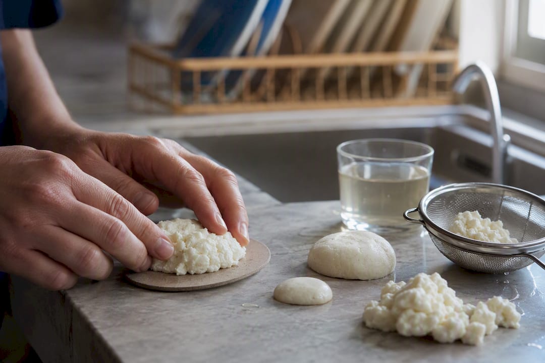 Milk curds becoming casein plastic pieces