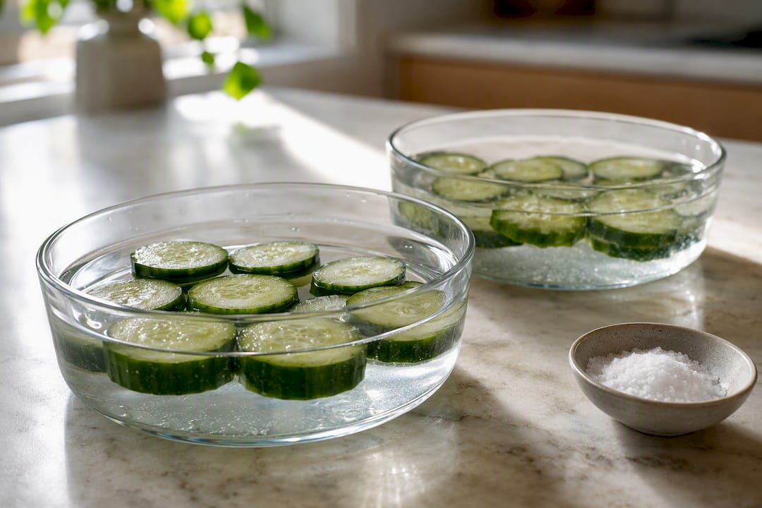 Cucumber slices compared in plain and salt water