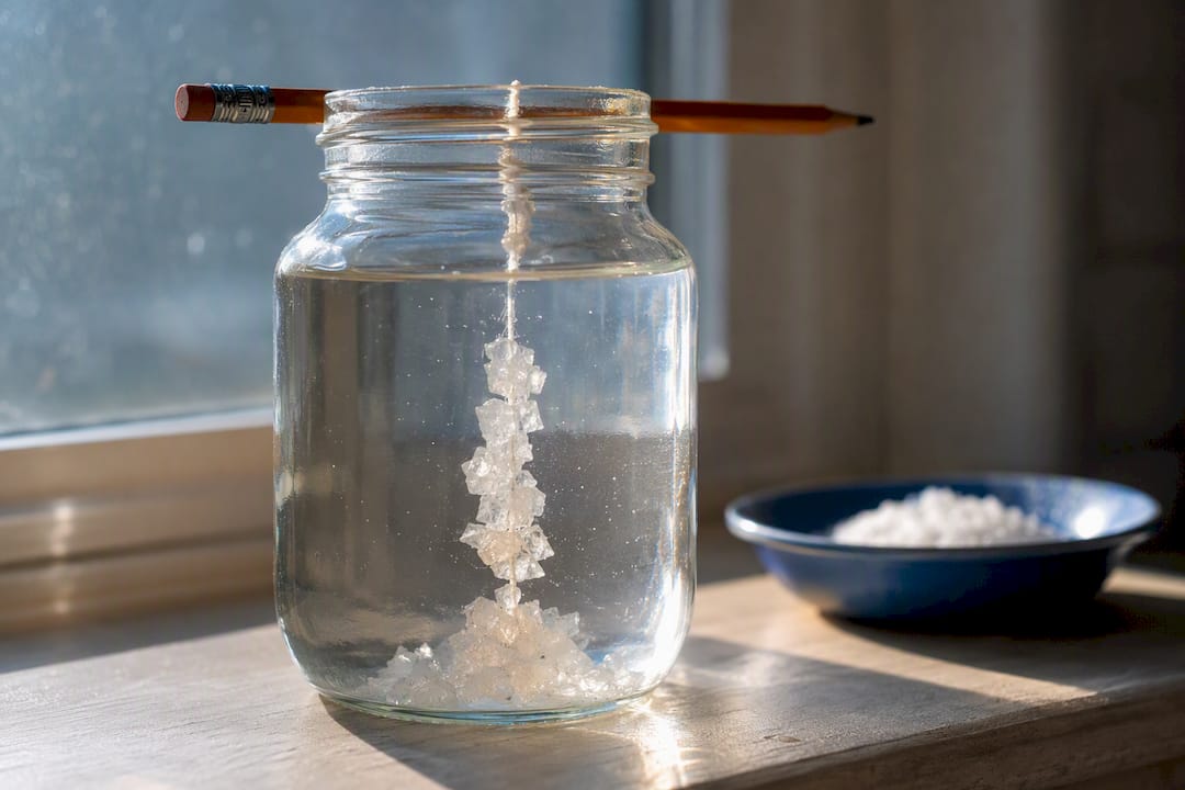 Salt crystals forming on string in glass jar
