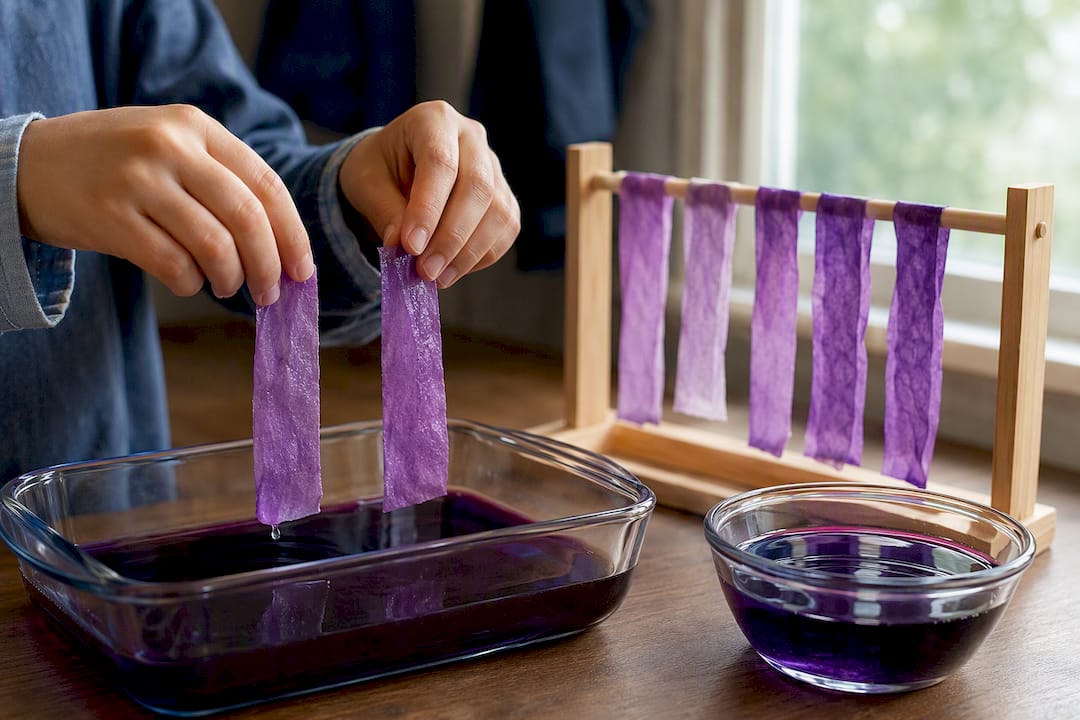 Hands making homemade cabbage pH strips