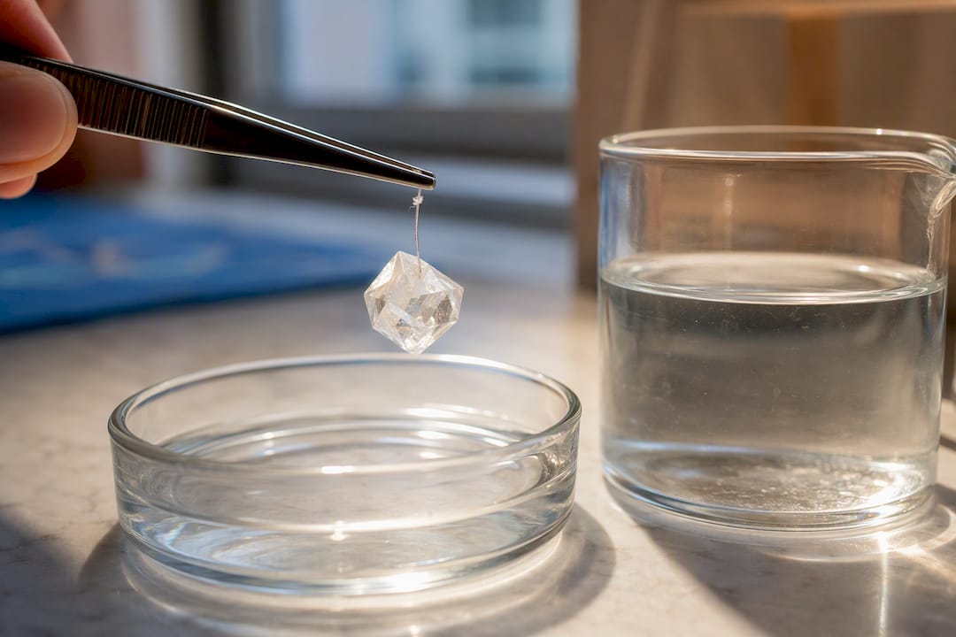 Alum seed crystal suspended for growth