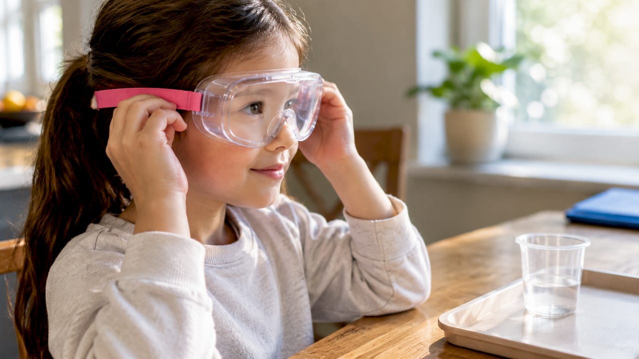 Child wearing goggles for kitchen experiment
