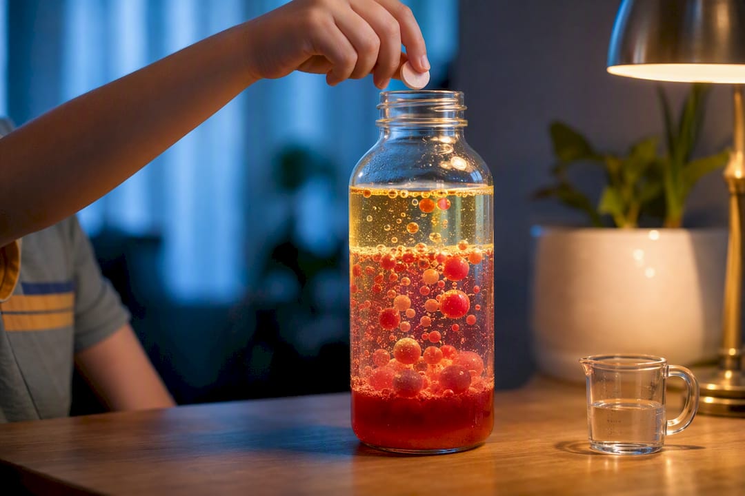 Colored bubbles rising in oil and water